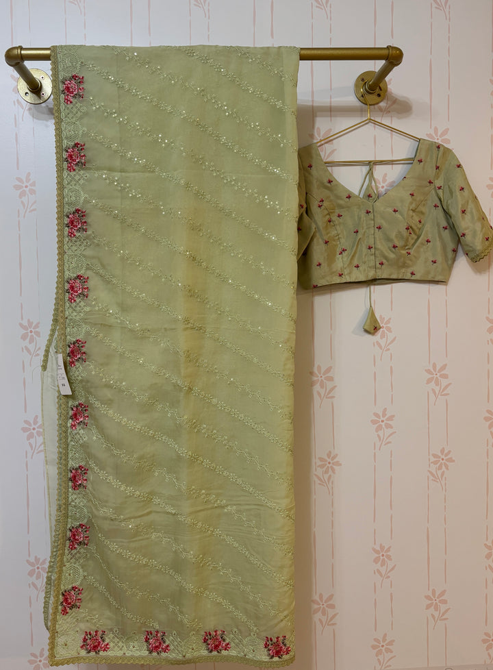 Mint green Embroidered Organza silk saree and blouse set