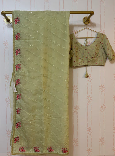 Mint green Embroidered Organza silk saree and blouse set