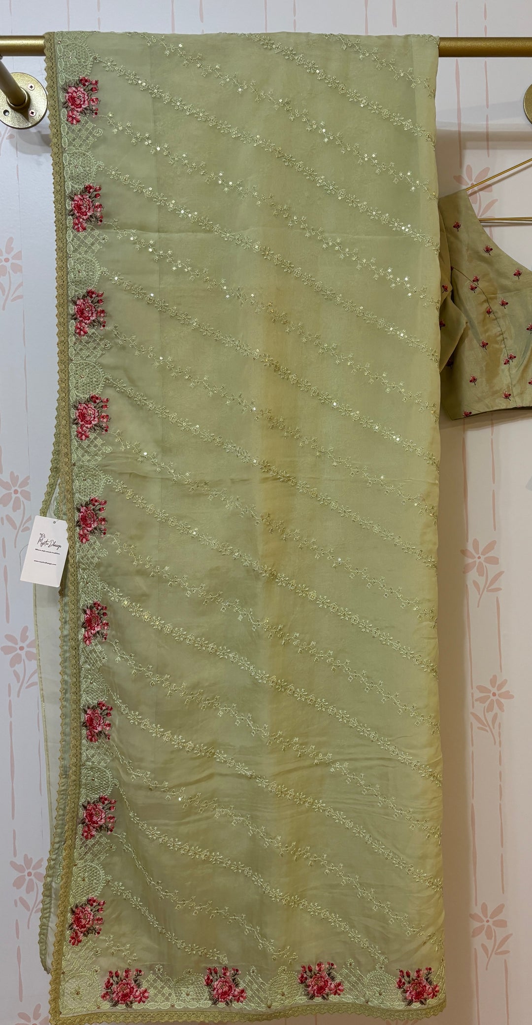 Mint green Embroidered Organza silk saree and blouse set