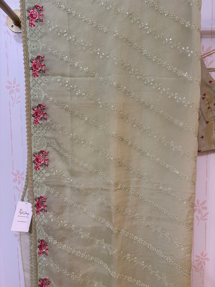 Mint green Embroidered Organza silk saree and blouse set