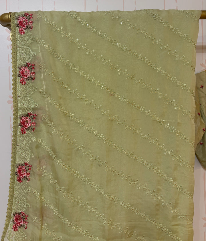 Mint green Embroidered Organza silk saree and blouse set