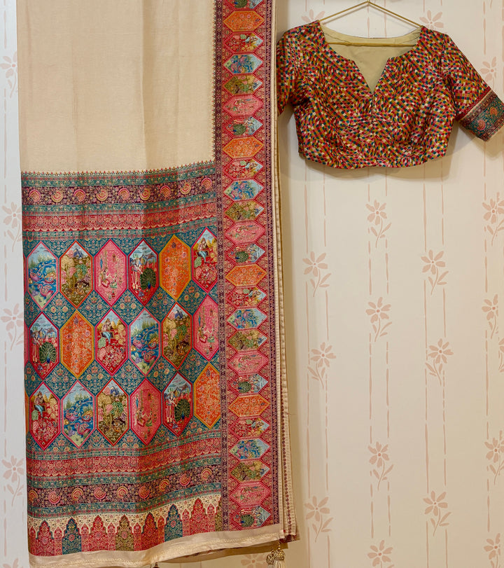 Cream/Multicolor Pashmina Saree and Blouse Set