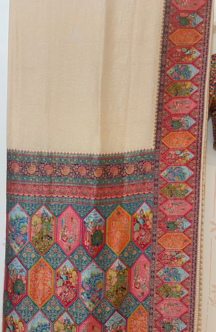 Cream/Multicolor Pashmina Saree and Blouse Set