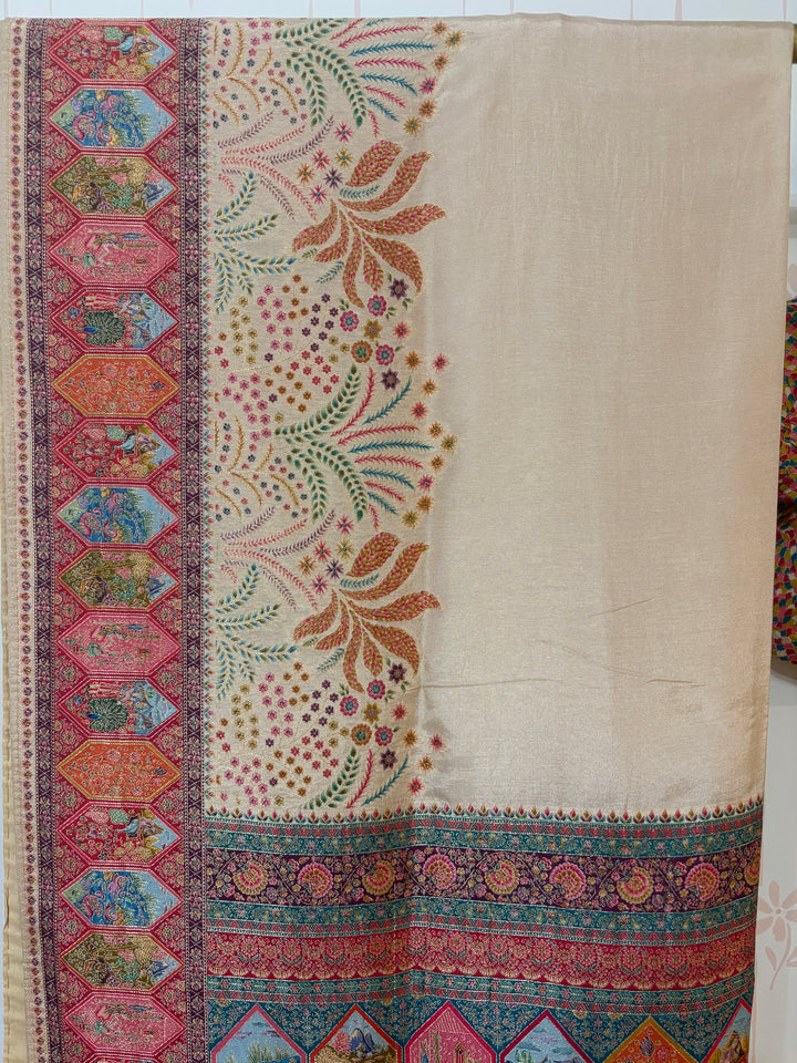 Cream/Multicolor Pashmina Saree and Blouse Set