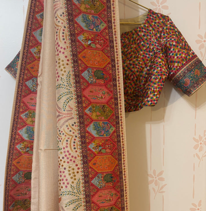 Cream/Multicolor Pashmina Saree and Blouse Set