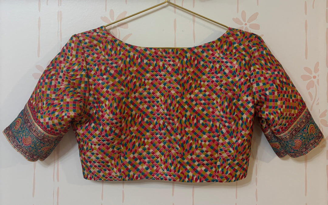 Cream/Multicolor Pashmina Saree and Blouse Set