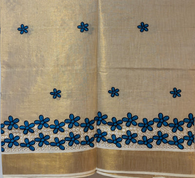 Kerala gold tissue blue hakoba embroidery saree