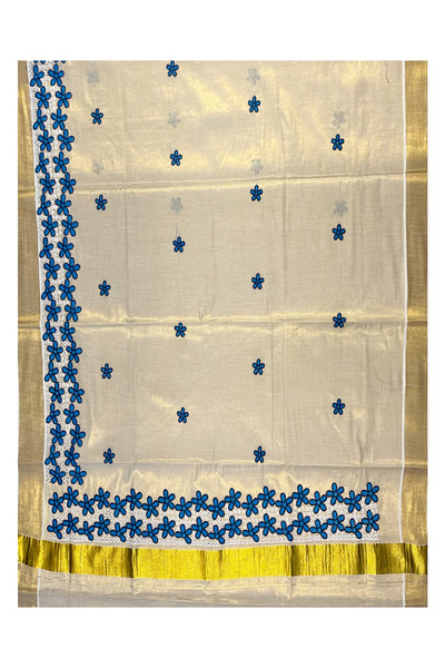 Kerala gold tissue blue hakoba embroidery saree