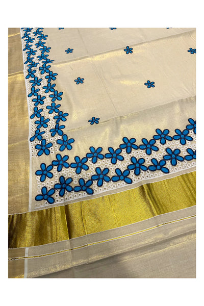 Kerala gold tissue blue hakoba embroidery saree