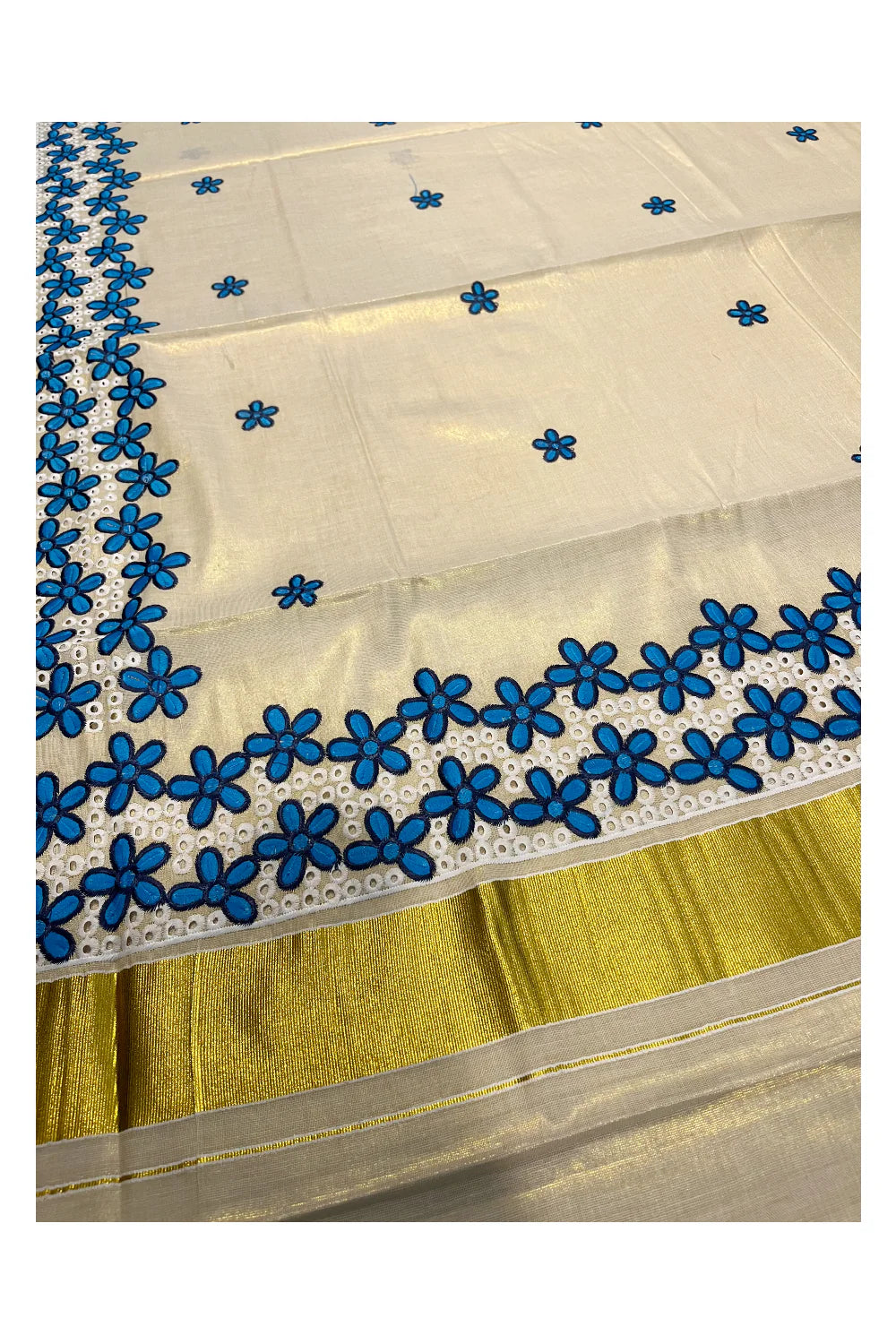 Kerala gold tissue blue hakoba embroidery saree