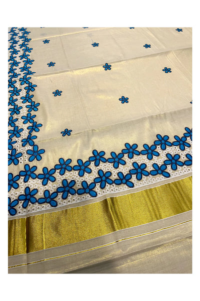 Kerala gold tissue blue hakoba embroidery saree