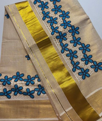 Kerala gold tissue blue hakoba embroidery saree