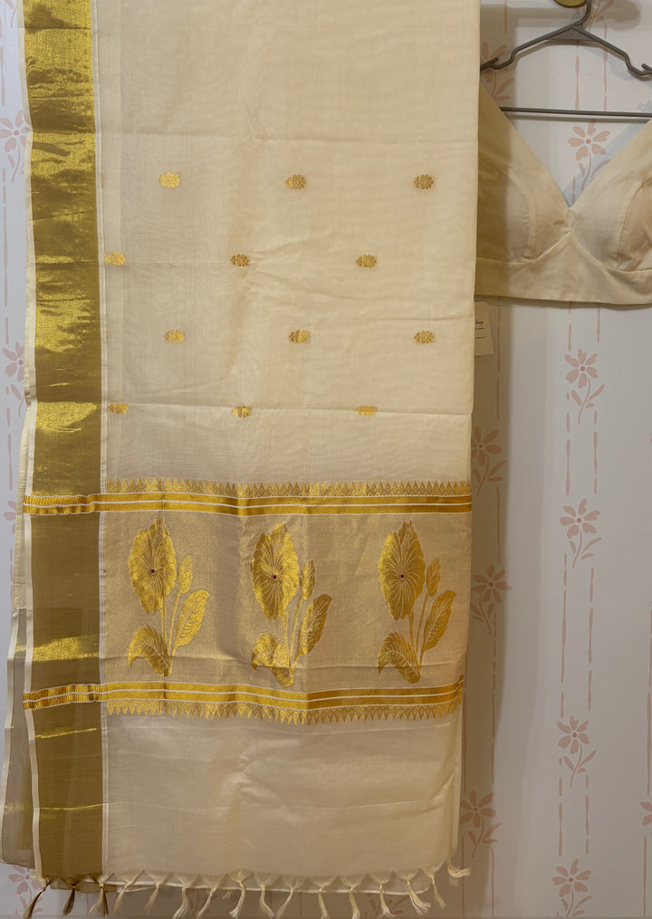 Kerala cotton saree with zari woven flowers and blouse set