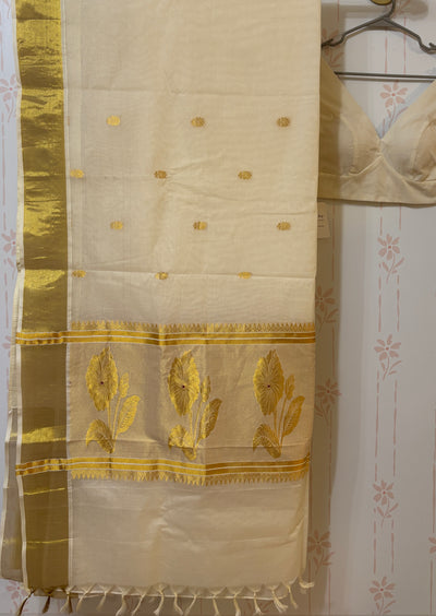 Kerala cotton saree with zari woven flowers and blouse set