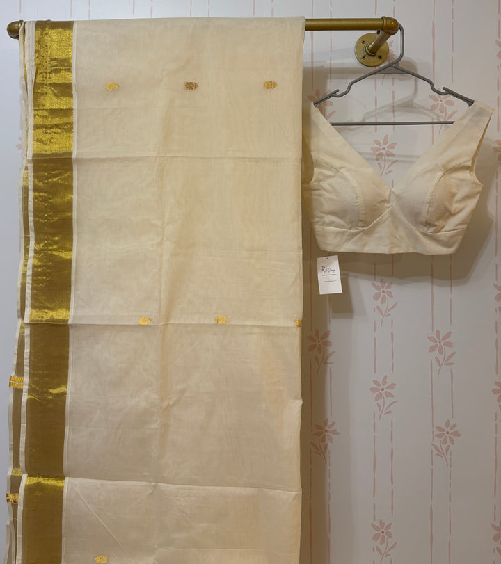 Kerala cotton saree with zari woven flowers and blouse set