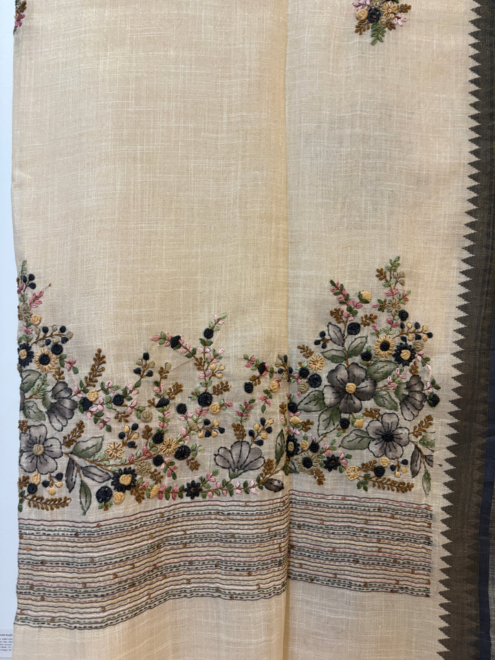 Linen tissue saree with French knot embroidery work