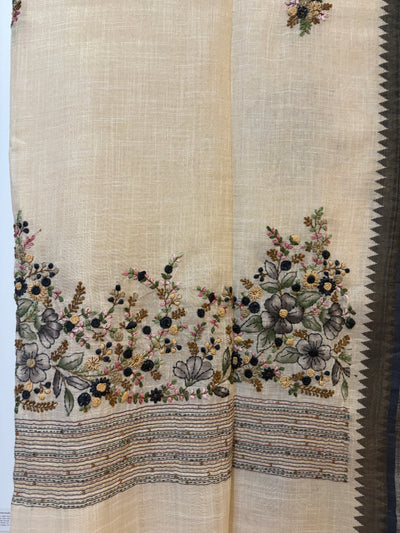 Linen tissue saree with French knot embroidery work
