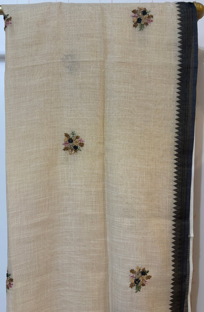 Linen tissue saree with French knot embroidery work