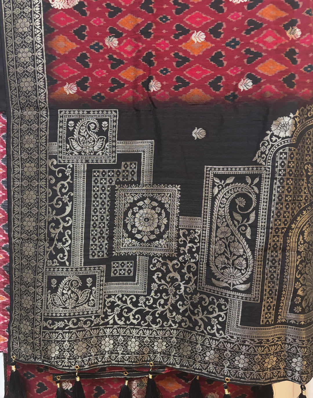 Maroon/black ikat zari woven tussar silk saree