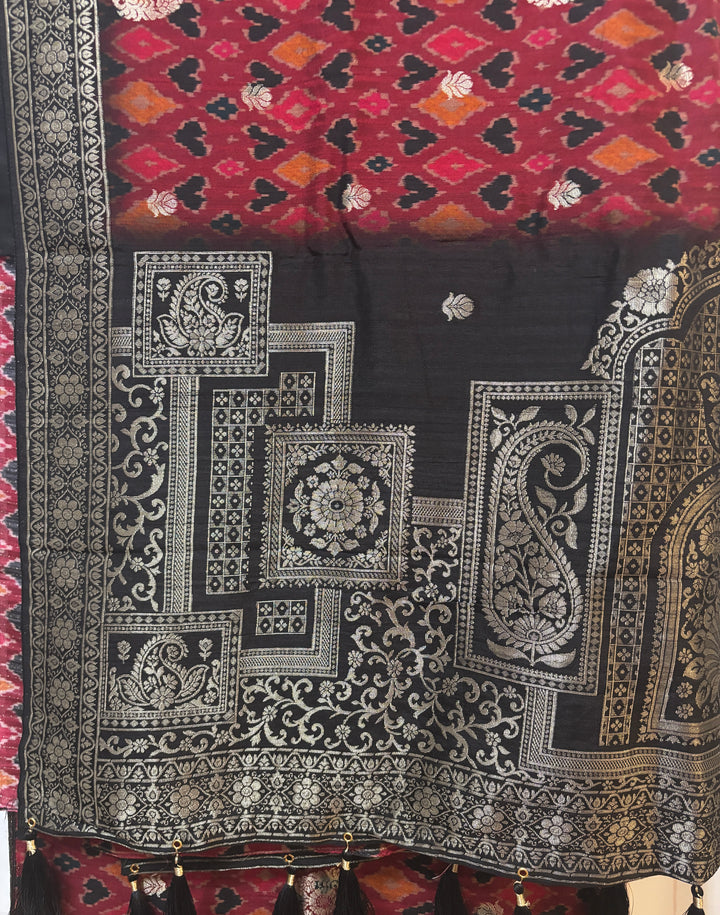 Maroon/black ikat zari woven tussar silk saree