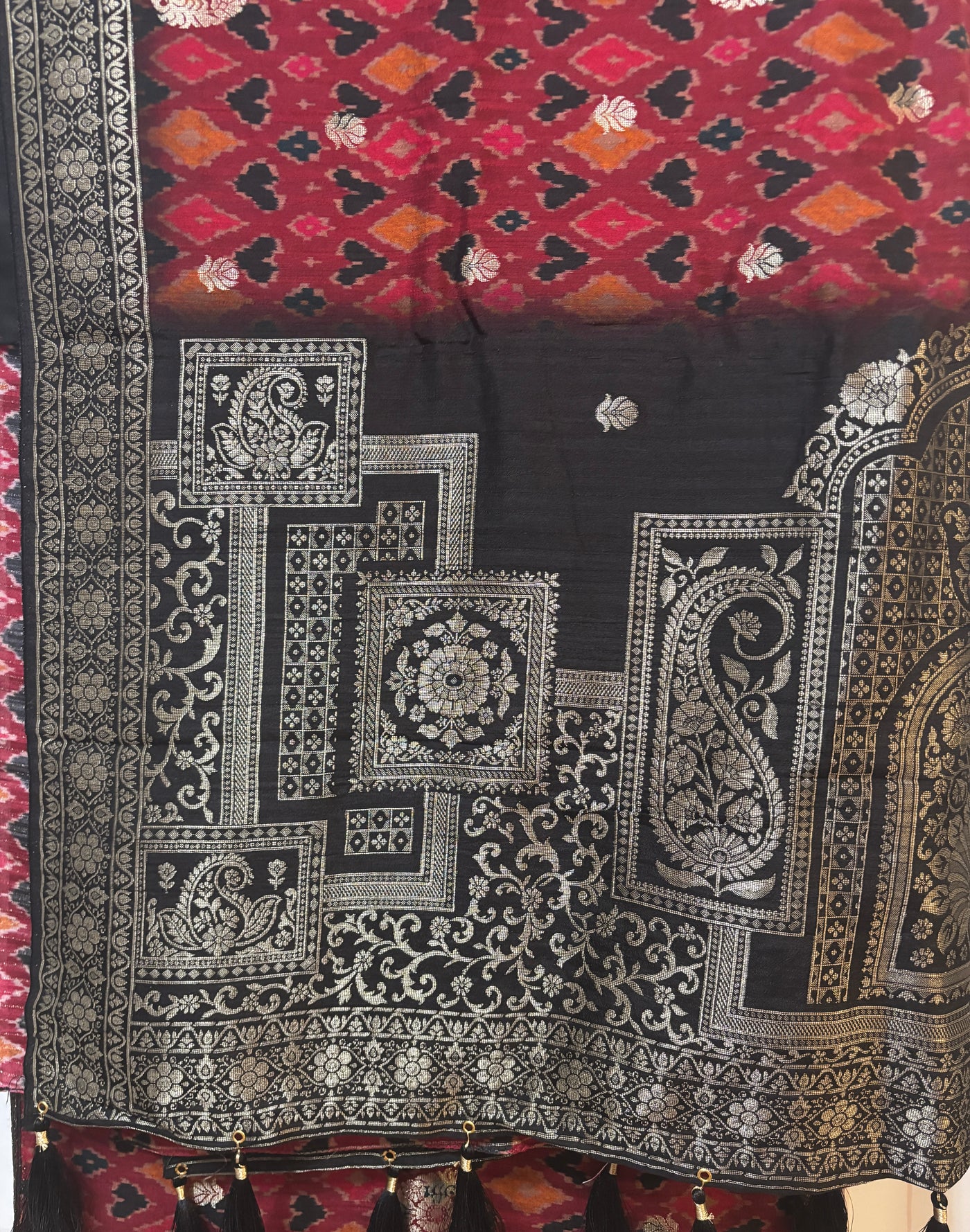 Maroon/black ikat zari woven tussar silk saree