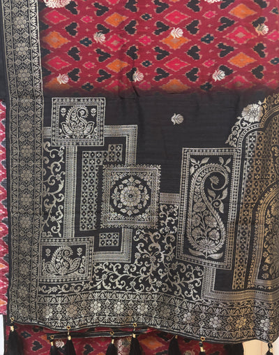 Maroon/black ikat zari woven tussar silk saree