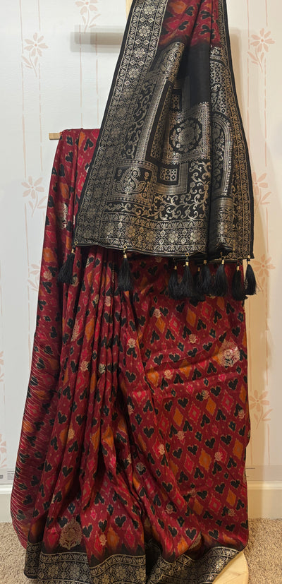 Maroon/black ikat zari woven tussar silk saree