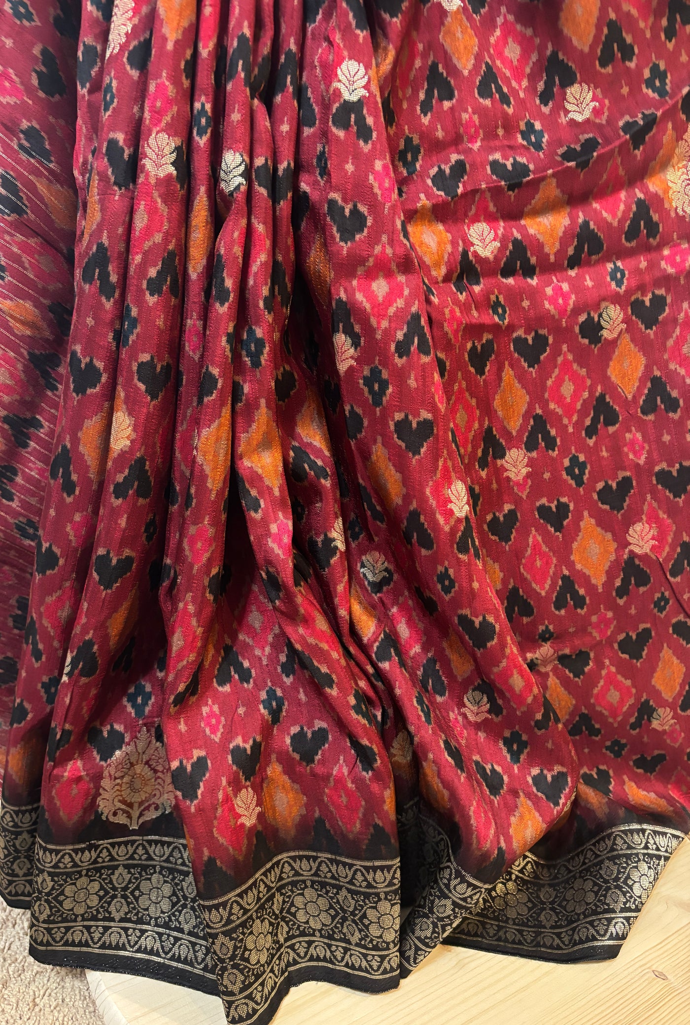Maroon/black ikat zari woven tussar silk saree