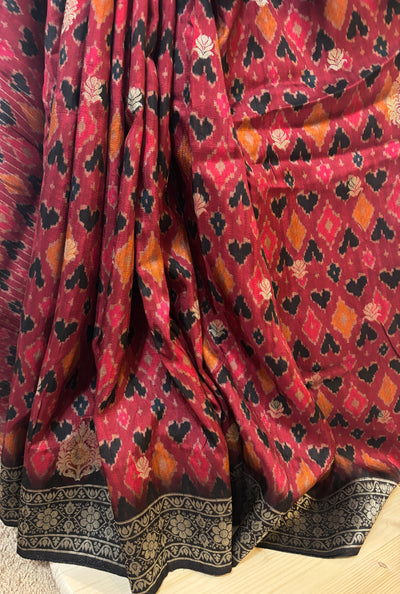 Maroon/black ikat zari woven tussar silk saree