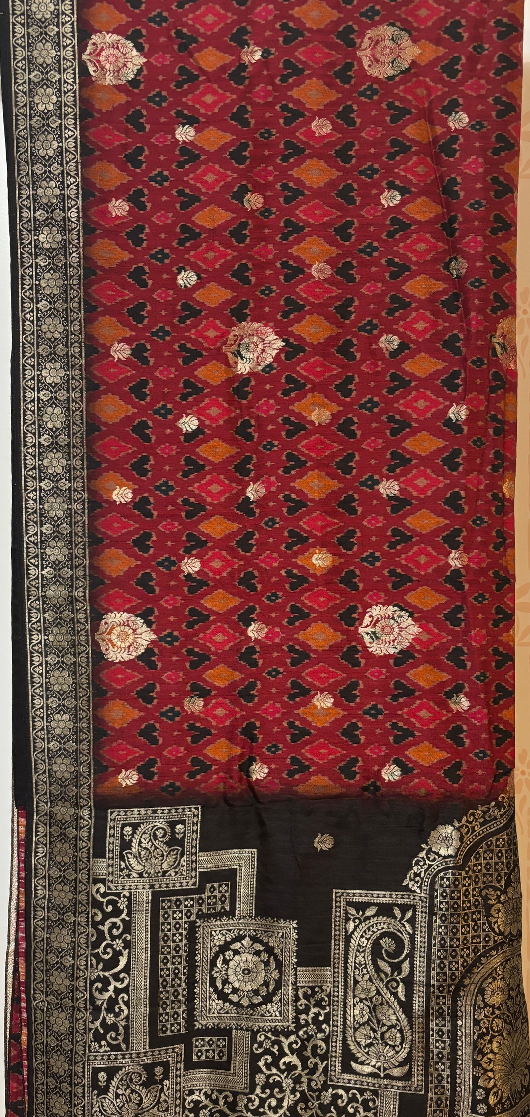 Maroon/black ikat zari woven tussar silk saree