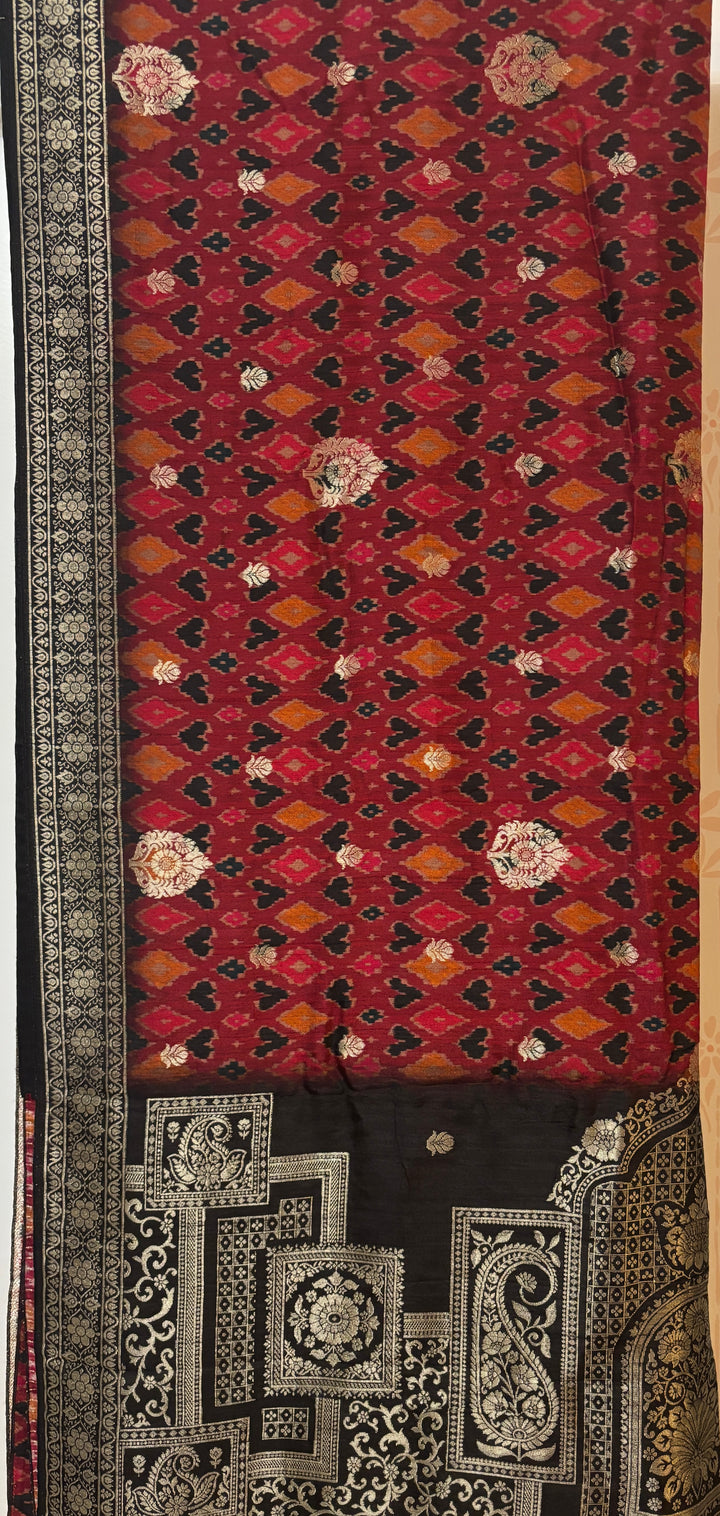 Maroon/black ikat zari woven tussar silk saree