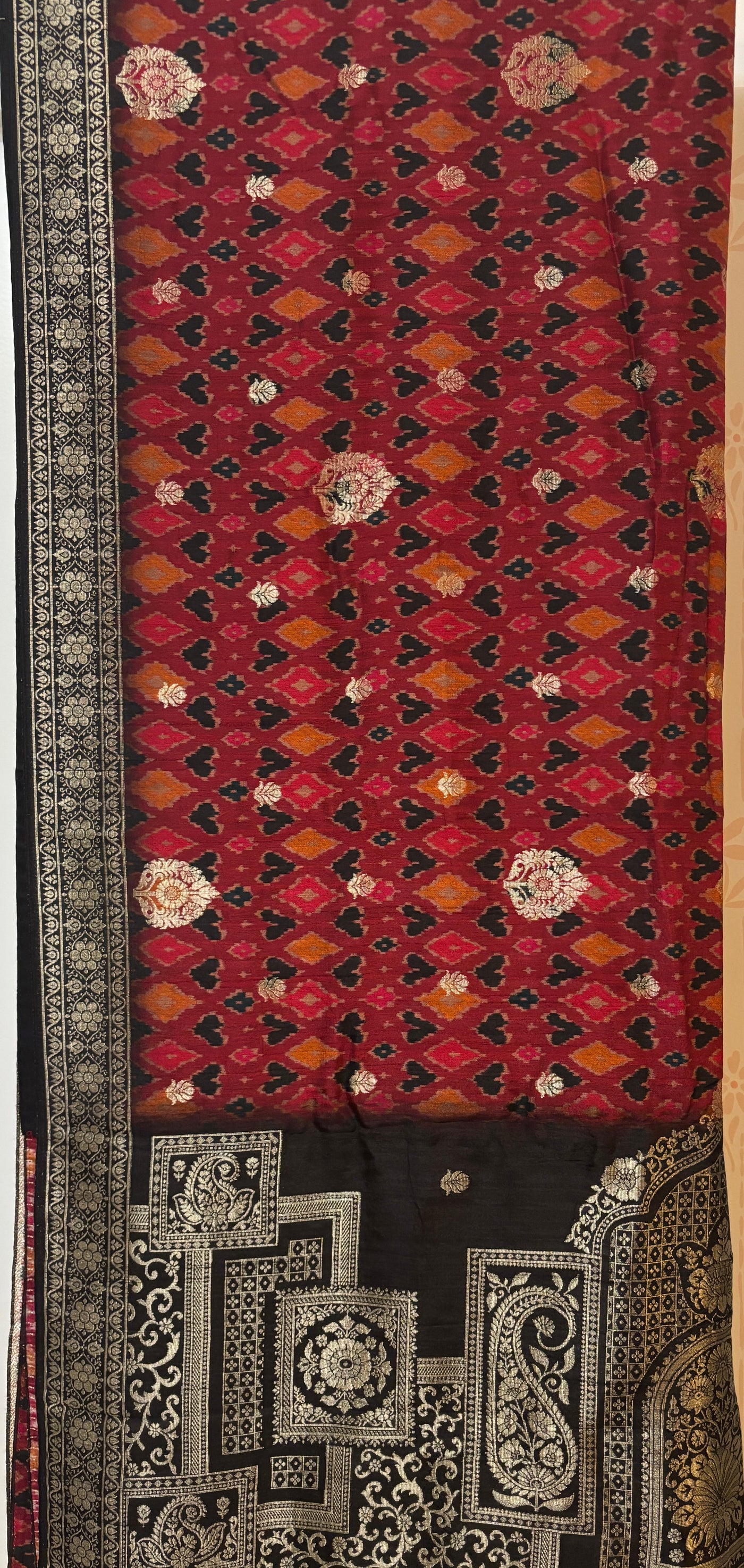 Maroon/black ikat zari woven tussar silk saree