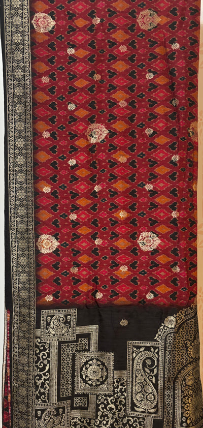 Maroon/black ikat zari woven tussar silk saree