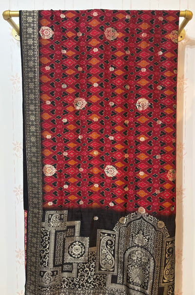 Maroon/black ikat zari woven tussar silk saree
