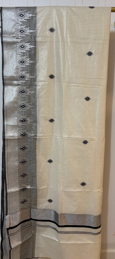 Kerala Silver Kasavu and black temple border saree