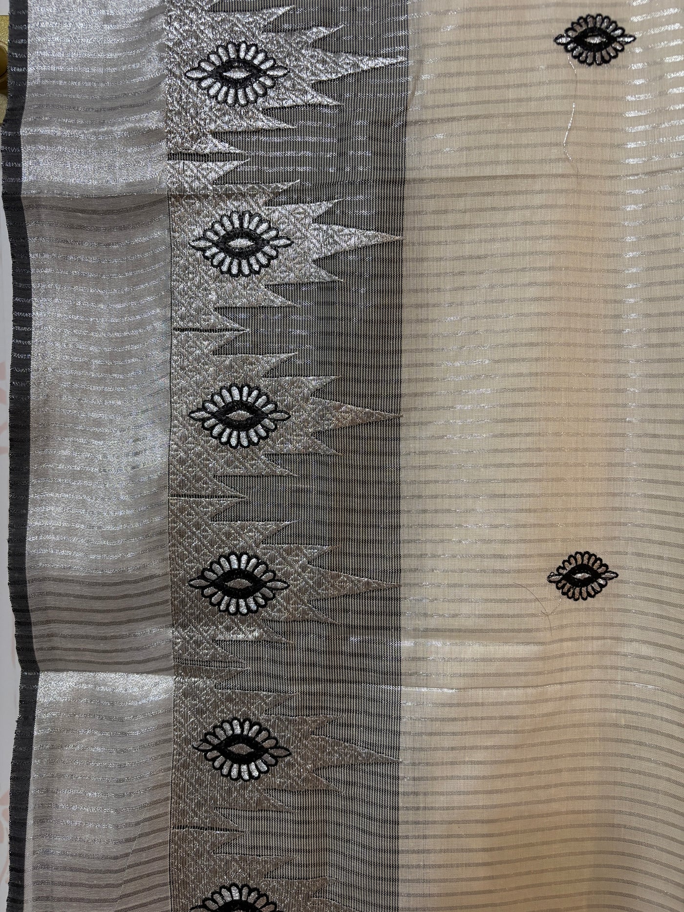 Kerala Silver Kasavu and black temple border saree
