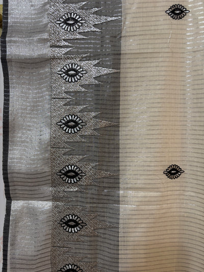 Kerala Silver Kasavu and black temple border saree