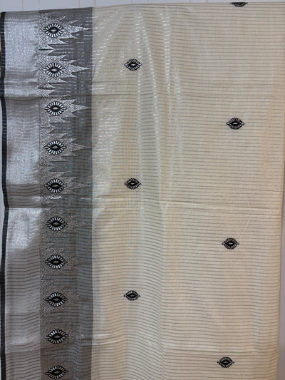 Kerala Silver Kasavu and black temple border saree