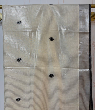 Kerala Silver Kasavu and black temple border saree