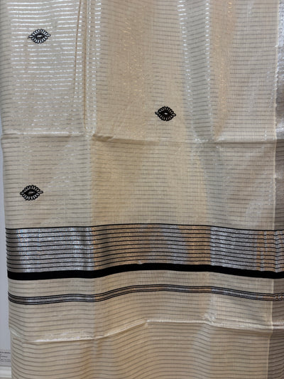 Kerala Silver Kasavu and black temple border saree