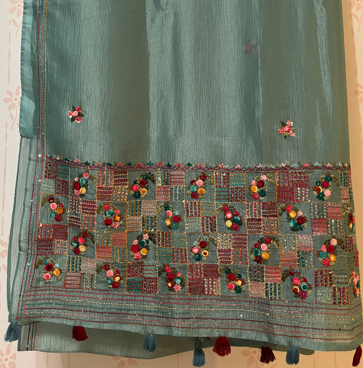 Sage green Crushed crepe French Knot embroidery saree and Blouse Set
