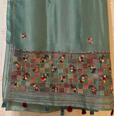 Sage green Crushed crepe French Knot embroidery saree and Blouse Set