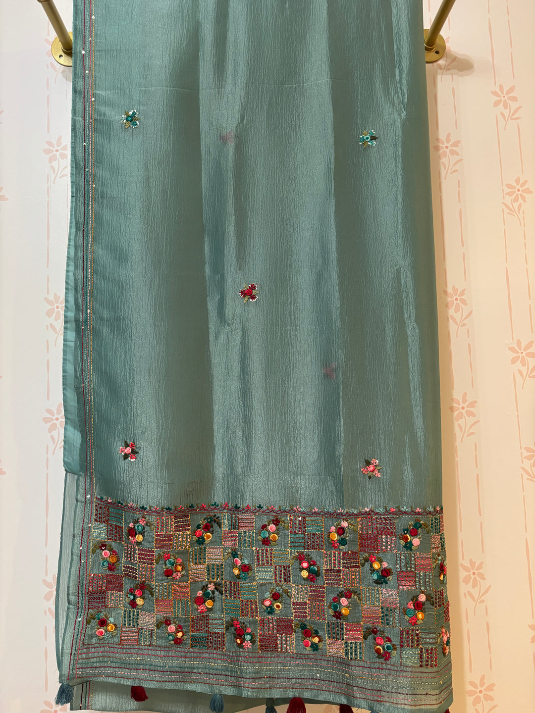 Sage green Crushed crepe French Knot embroidery saree and Blouse Set