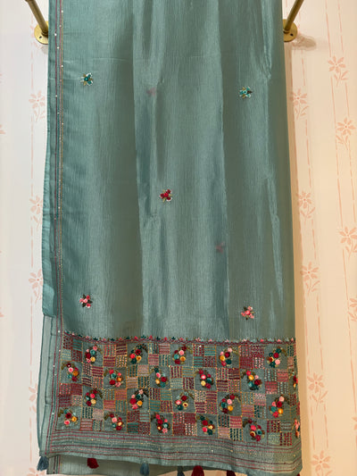 Sage green Crushed crepe French Knot embroidery saree and Blouse Set