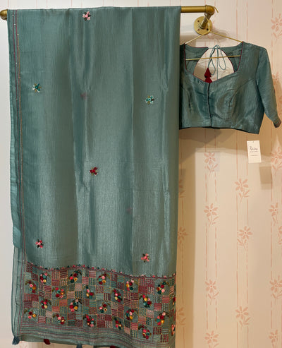 Sage green Crushed crepe French Knot embroidery saree and Blouse Set