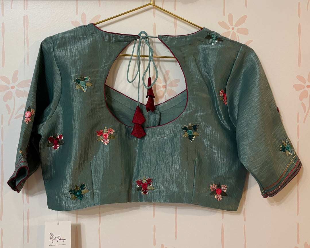 Sage green Crushed crepe French Knot embroidery saree and Blouse Set