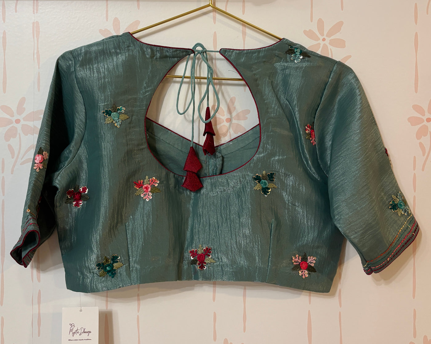 Sage green Crushed crepe French Knot embroidery saree and Blouse Set