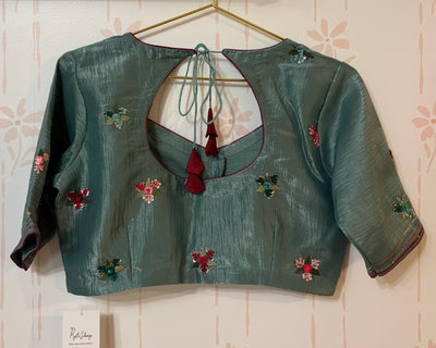 Sage green Crushed crepe French Knot embroidery saree and Blouse Set