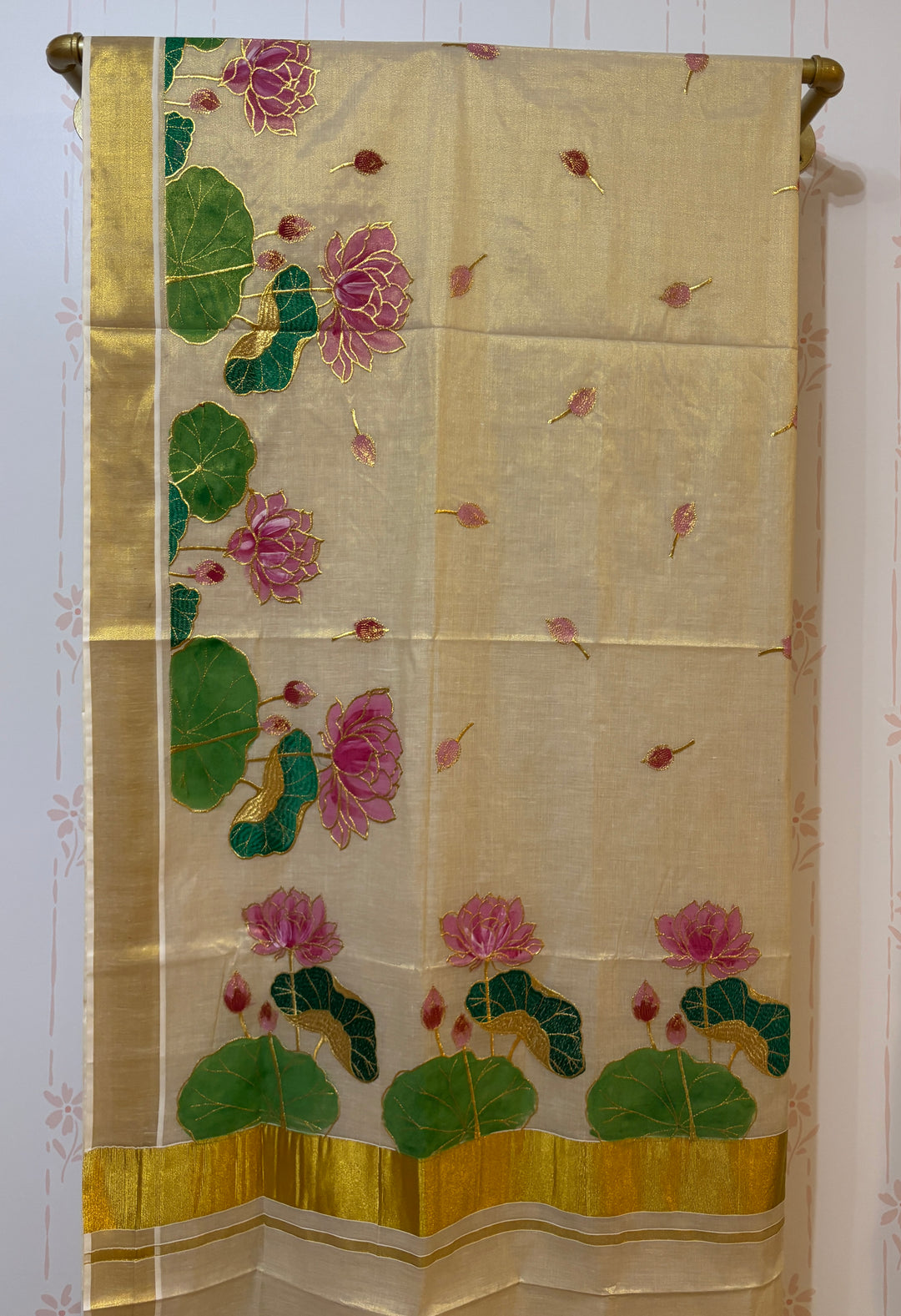 Kerala tissue saree with painted lotus and embroidery