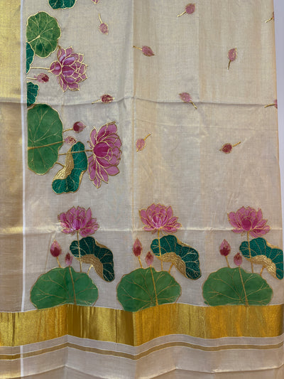 Kerala tissue saree with painted lotus and embroidery